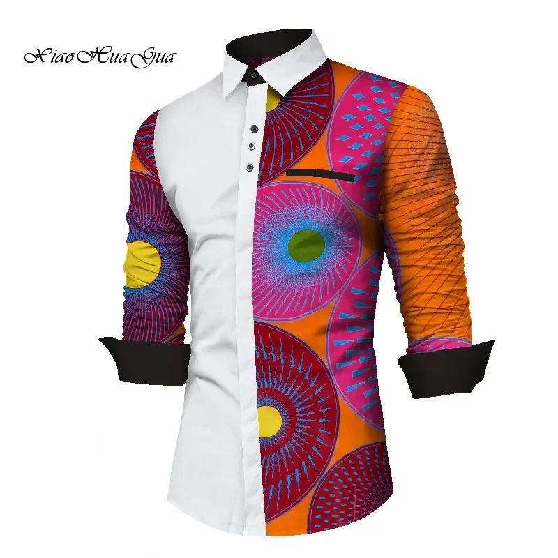 Men\'s African Shirts Africa Print Long Sleeve Shirts Men Fashion African Print and White Patchwork Shirt African Clothes WYN911