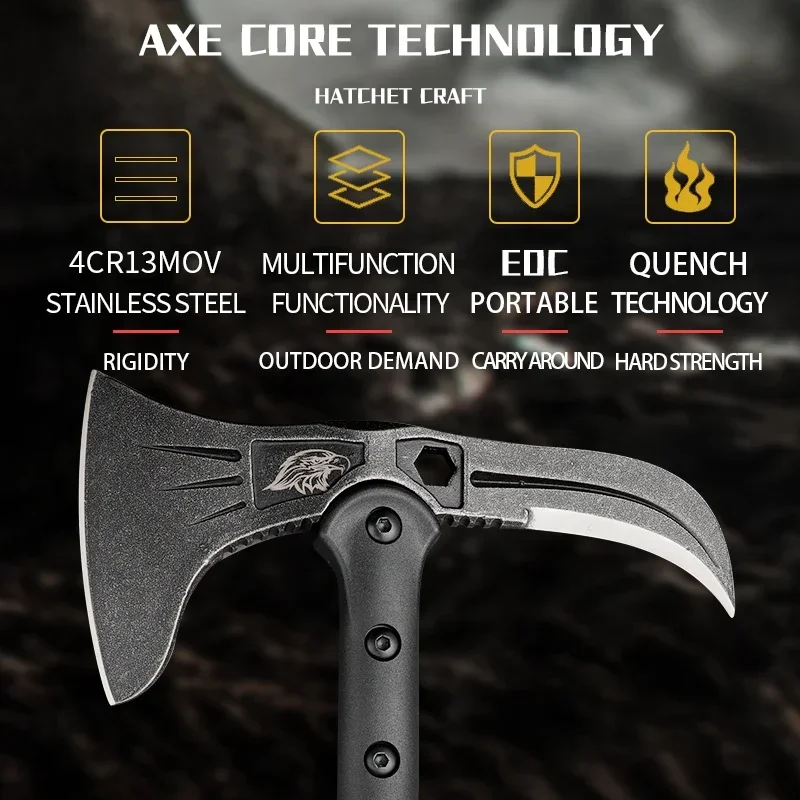 HUANGFU4cr13 Steel Multi functional Battle Axe - Portable Survival Axe for Outdoor Camping, Hunting, and Emergency Situations