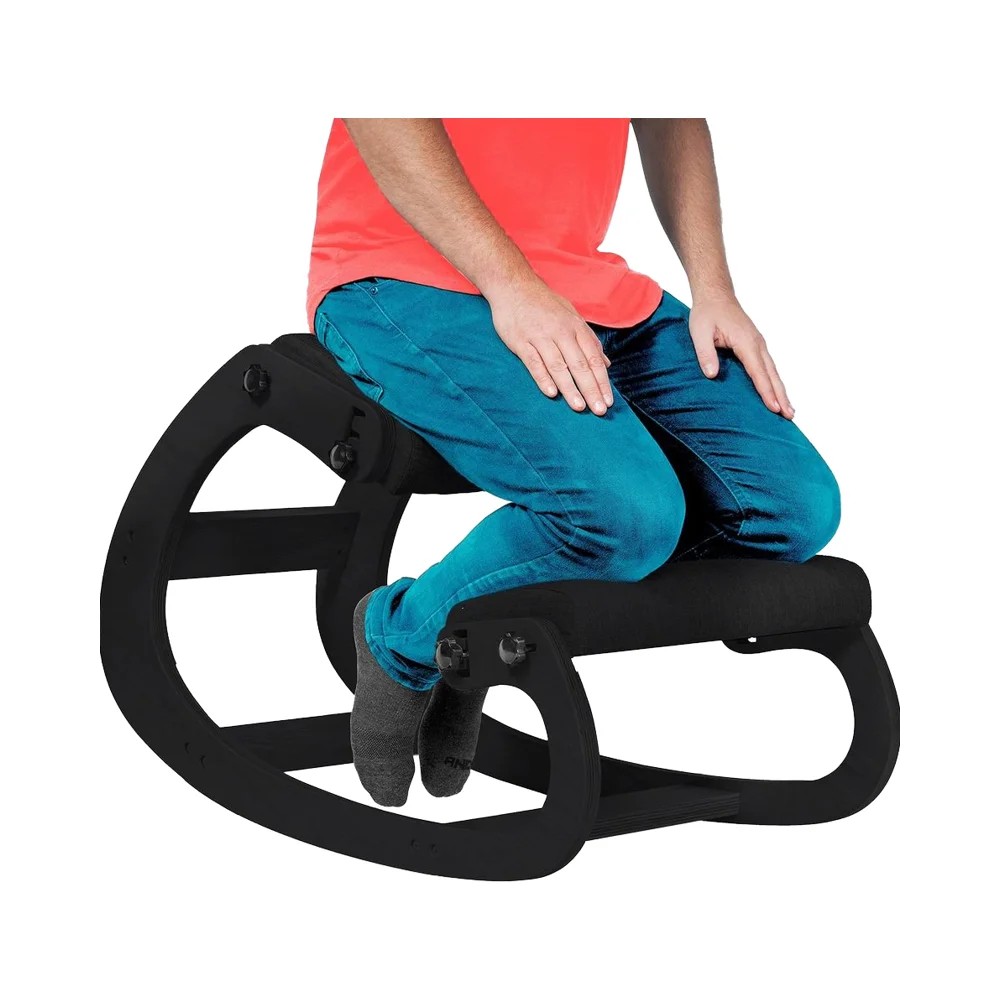 Ergonomic Wooden Kneeling Chair Adjustable Office Stool Rocking Feature Desk Chair for Back Pain Relief Grey Posture Pilates