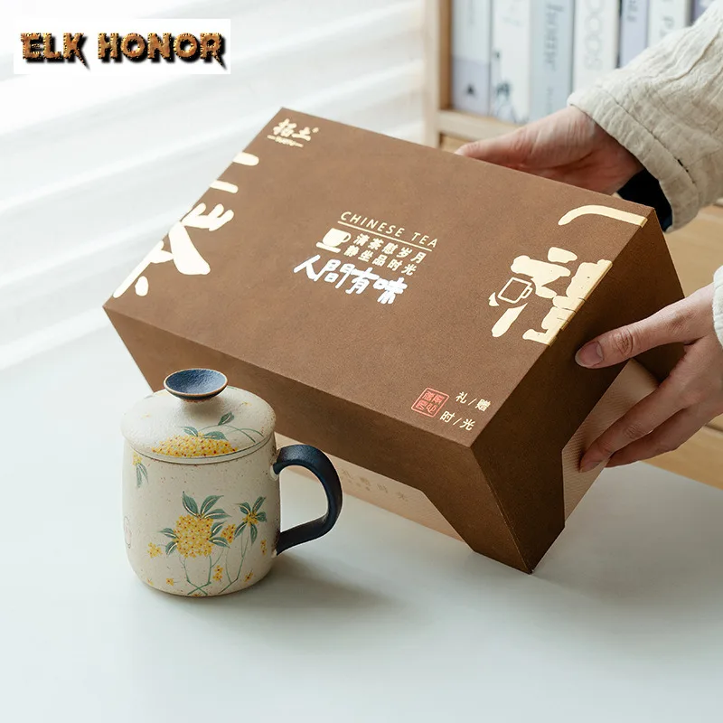 430ml Hand Painted Osmanthus Cute Rabbit Filter Tea Separator Cup Ancient Tea Mug With Infuser Tea Maker Office Water Cup Craft
