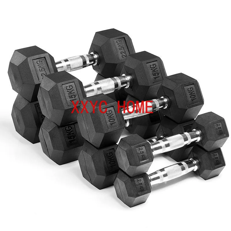 Commercial Custom Solid Iron Steel Safety Non-Slip Handle Hexagonal Rubber-Coated Dumbbells