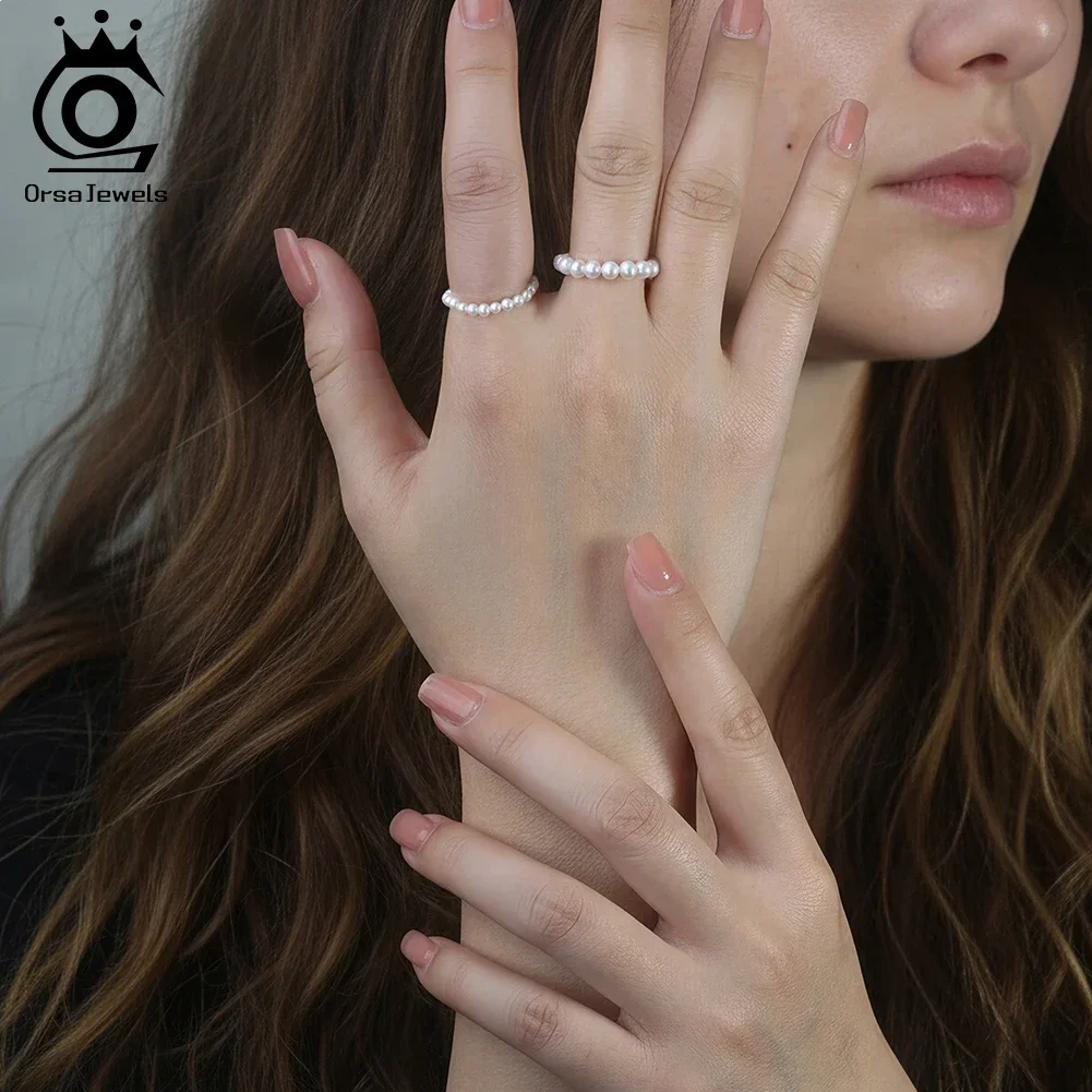 ORSA JEWELS Natural Freshwater Pearl Ring White Round Pearl Finger Rings for Women Fashion Adjustable Elastic Ring Jewelry GPR26