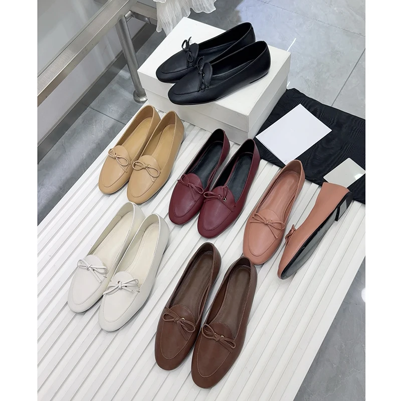 Damen-Loafer aus echtem Leder mit Schleife |   Klassische flache Ballettschuhe |   Bequeme Slip-On Freizeitschuhe für die Arbeit