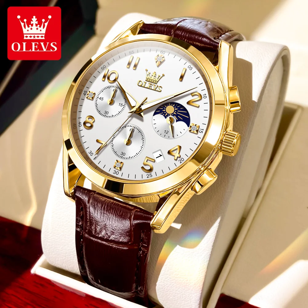 

OLEVS 2890 Sport Quartz Watch Gift Leather Watchband Round-dial Chronograph Luminous Small second