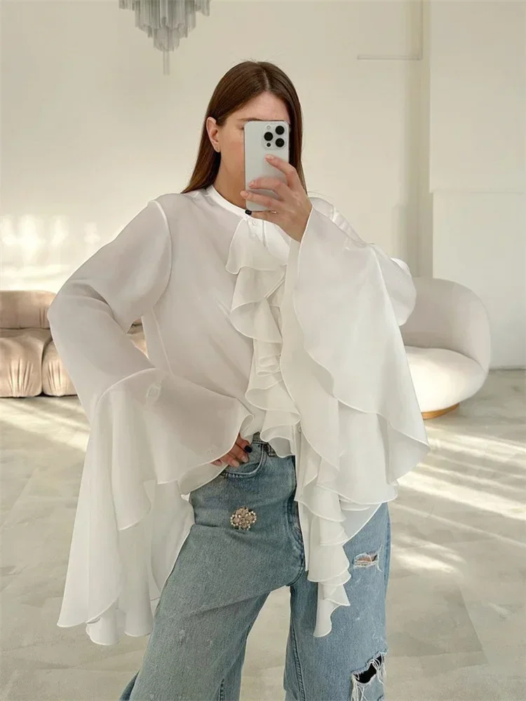 Ruffled Patchwork Cardigan T-shirt Women Elegant Solid Fashion High Street Loose Pullover Tee Shirts Female Summer Shirts