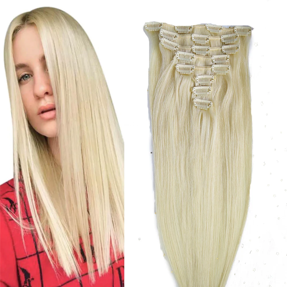 Wholesale Human Hair Extensions 120g Russian Virgin Clip In Human Hair Extension Blonde Color #60 Remy Hair Extensions