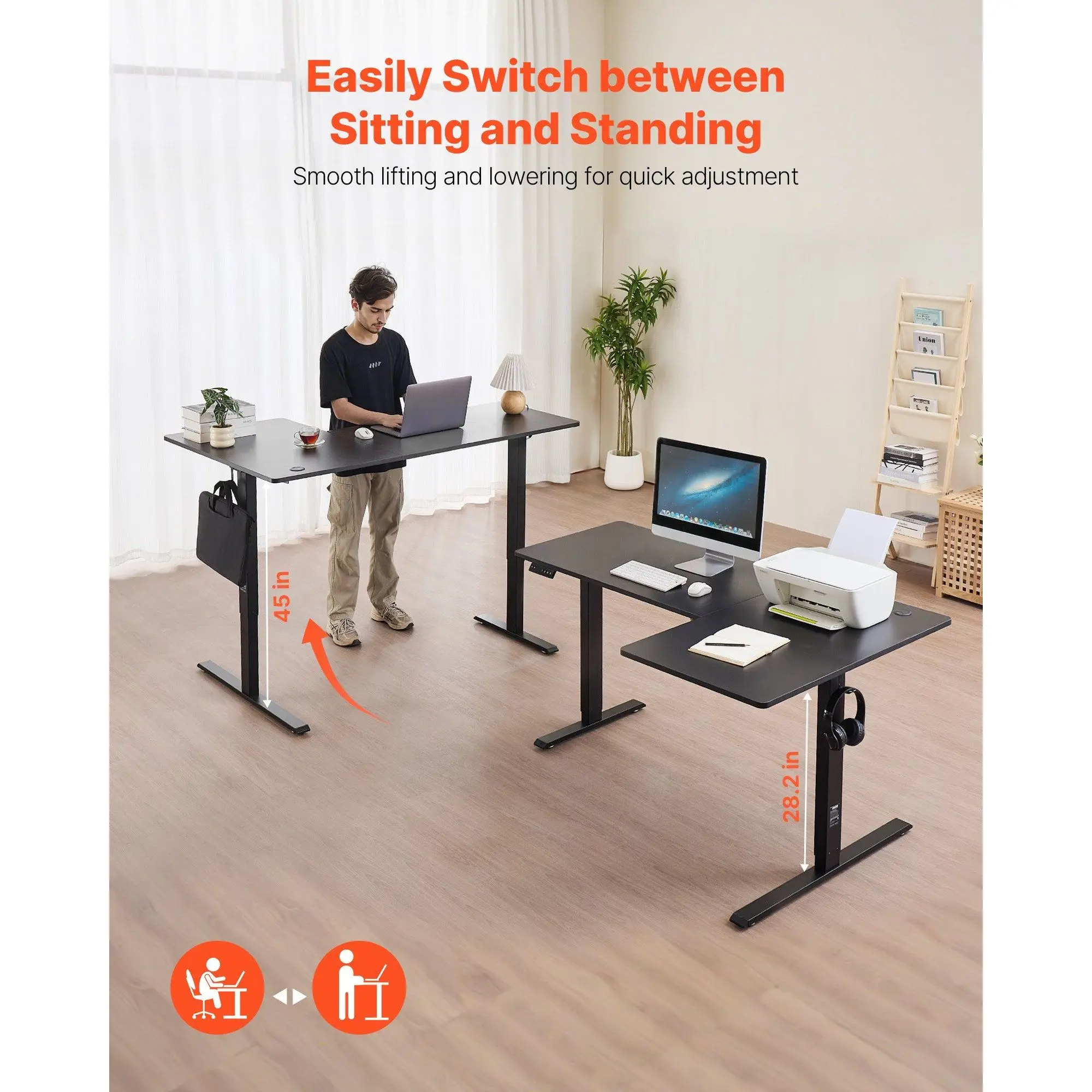 Electric Extendable Adjustable Height L-Shaped Corner Gaming Desk with 2 Hooks Metal