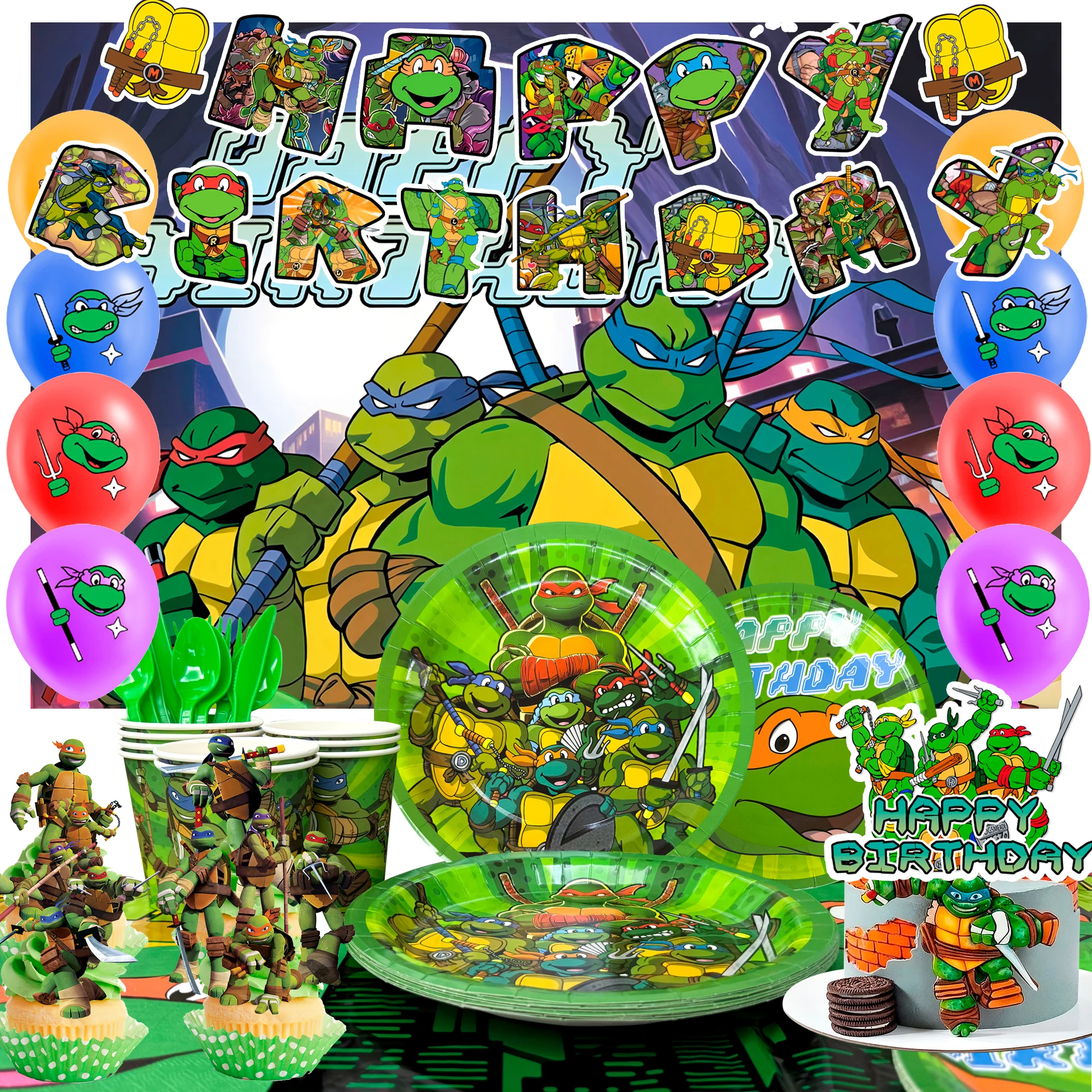 98 pièces de fournitures pour fête d'anniversaire des Tortues Ninja - Bannière de fête des Tortues Ninja, ballons, assiettes, etc. Décorations de fête des Tortues Ninja