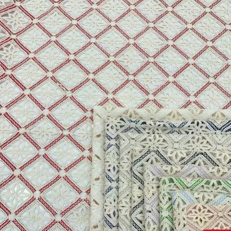 Square Pattern 100% Cotton Retro Flower Embroidery Fabric Crochet Lace  Maillard Color for Dress Jacket Spot