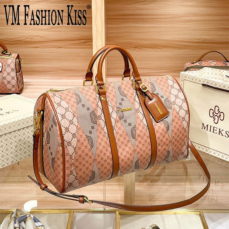 

VM FASHION KISS Split Leather Printed Travel Bags Carry On Luggage Bag Large Weekend Duffel Bag Handbag Weekend Traveler Bag