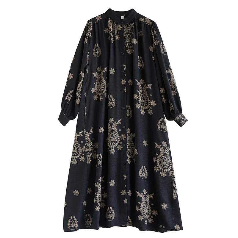 SuperAen 2025 봄과 가을 루즈핏 오버사이즈 스탠드업 칼라 패션 프린트 드레스 플리츠 패치워크 롱 엘레강트 셔츠 드레스