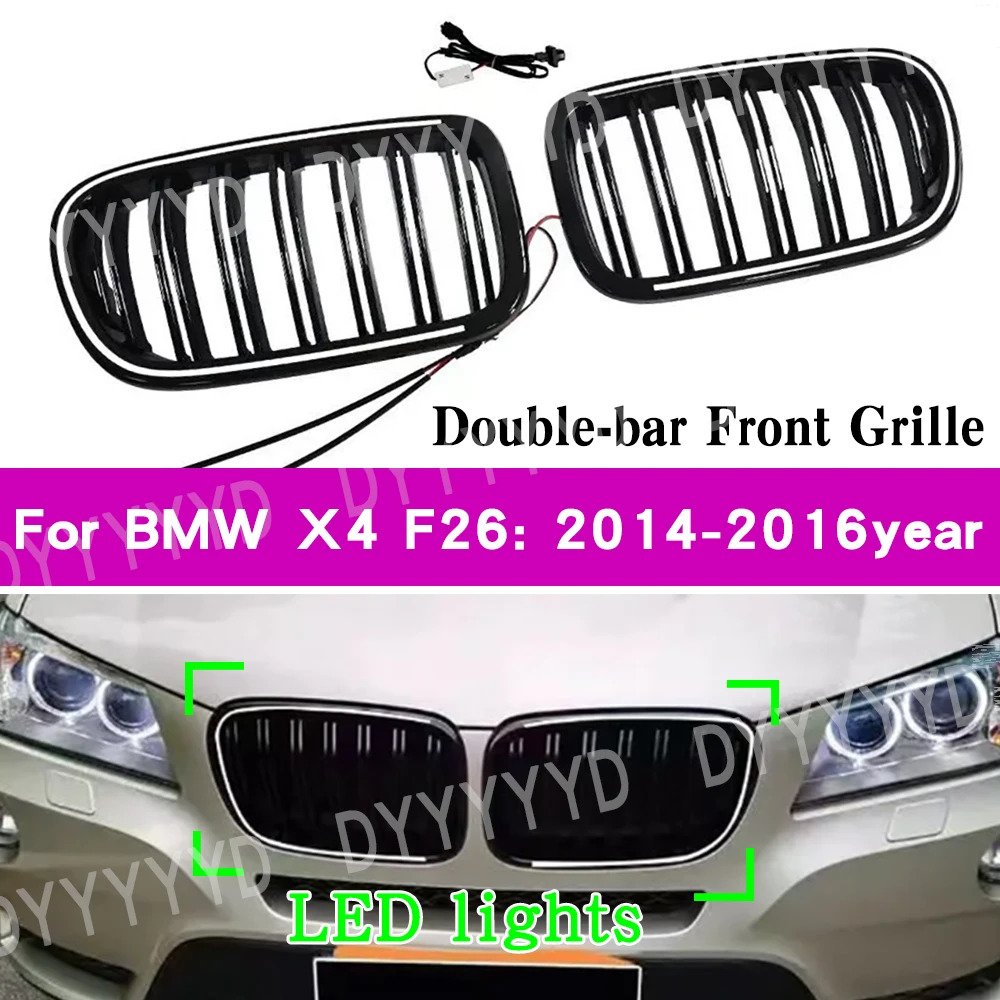 

for BMW BMW X3 F25 X4 F26 2014-2017 M Sport Dual Line Style Front Bumper LED Grill Light Racing Grills Lamp Grilles Gloss Black