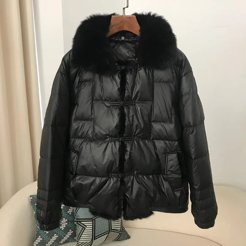 Women's Winter Top Coat Down Jacket White Duck Down Fur Collar Button Seam Warm Thicken Retro Simple Casual Soft Niche Versatile