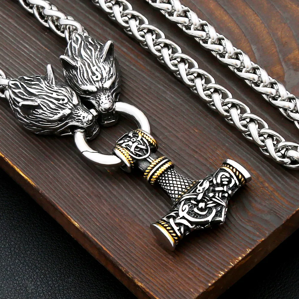 Vintage Mjolnir Pendant Necklace Stainless Steel Thor Hammer Wolf Head Chain For Men Norse Mythology Amulet Fashion Jewelry Gift