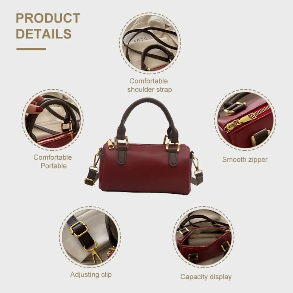 Vintage French Style Bowling Bag Large Capacity Elegant Women Handbags PU Leather Casual Boston Shoulder Bag Daily