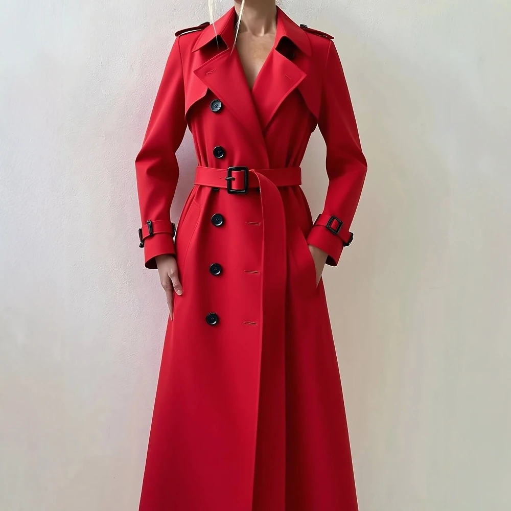 معطف خريفي نسائي أنيق وحديث بلون سادة وأكمام طويلة وطية صدر مزدوجة الصدر طويل على طراز مكتب سيدة