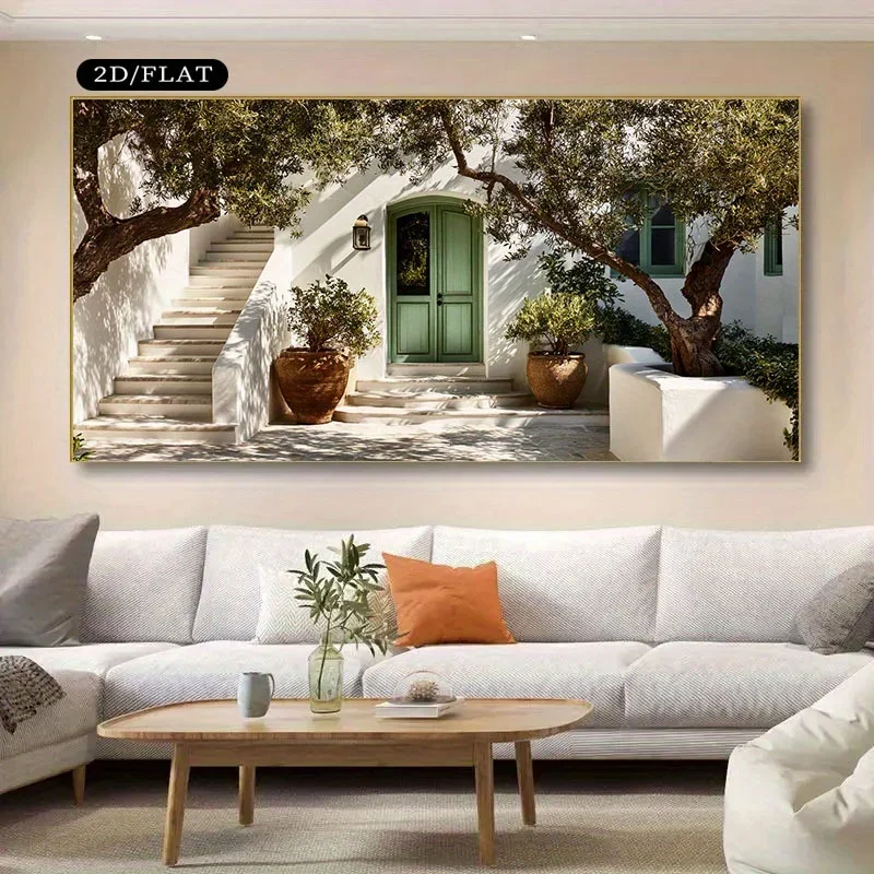 Extra Large Mediterranean Poster,Greek Island House Beige,White,Green,Brown,Modern Minimalist Canvas Printing Living Room Decor