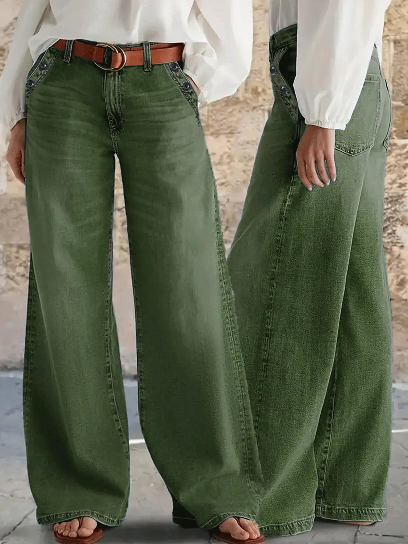 

Women's Olive Green Wide Leg Denim Jeans with Multi-Button Detail, High Waist Casual Trousers