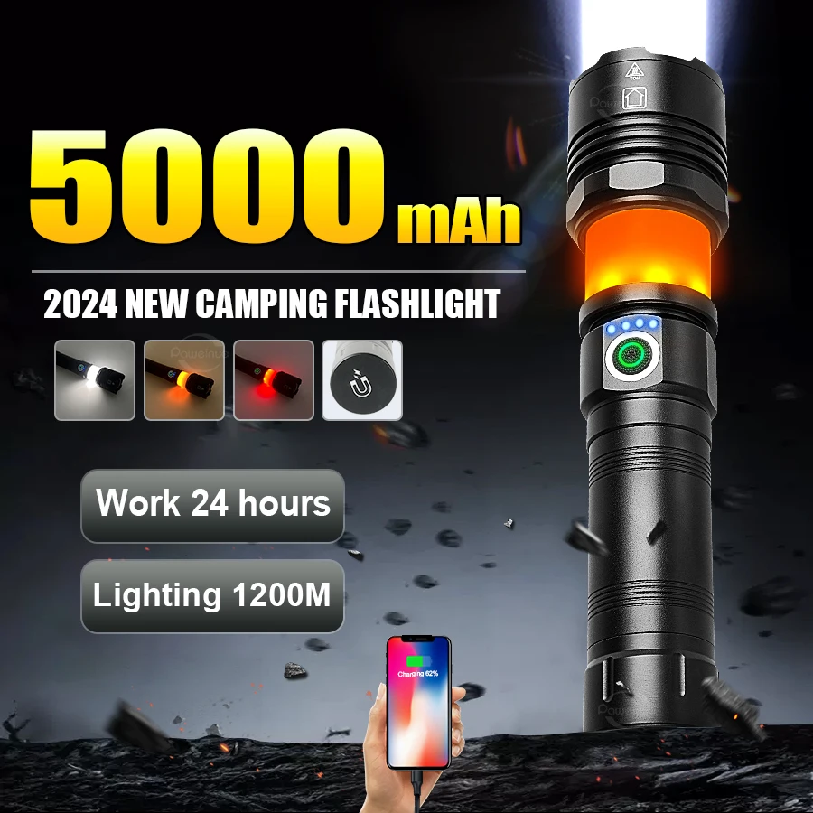 

Multifunctional Camping Flashlight 5000mAh High Power Rechargeable LED Flashlight Lighting 1200M Zoom Torch With Strong Magnet