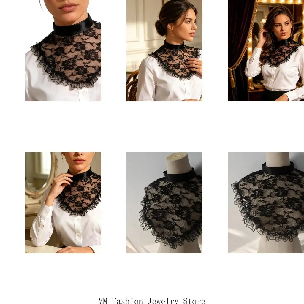 Decorative Lace Neckline Overlay Black Mock Collar for Tops Dresses with Detachable Styling and Clean Finish D0UB