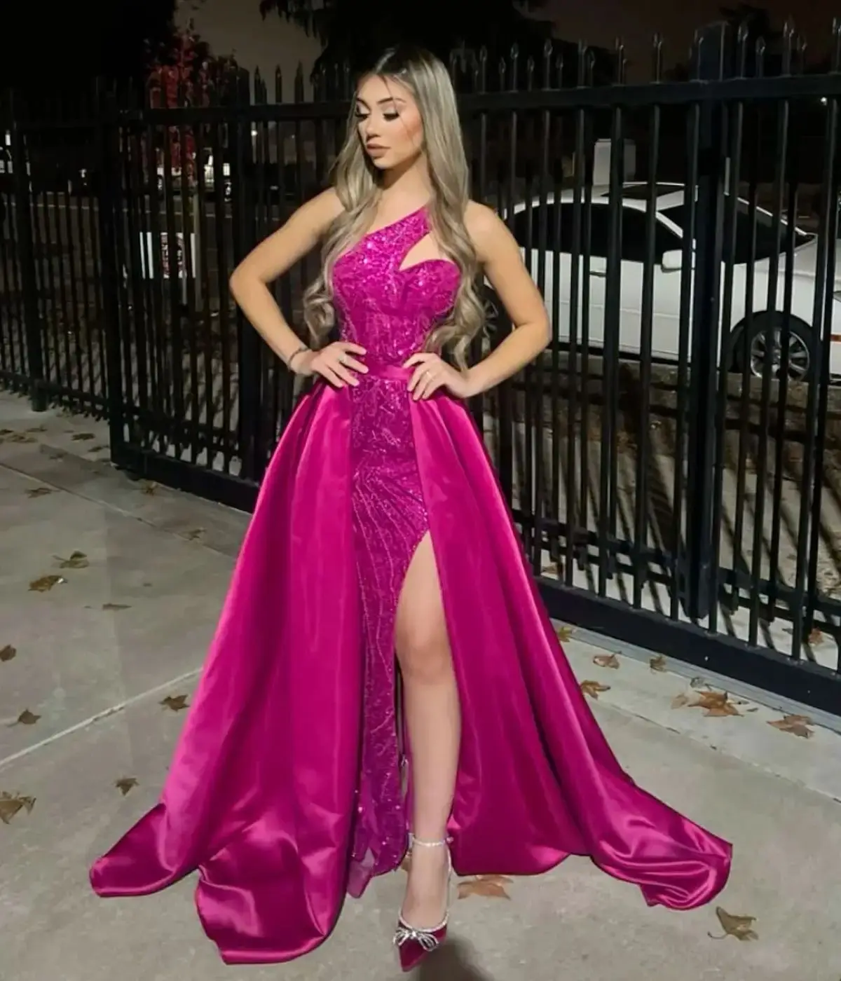 

Charming Fuchsia Evening Dresses Stunning Sequins Sleeveless Prom Gowns One Shoulder Floor Length Customized Wedding Guest Gowns