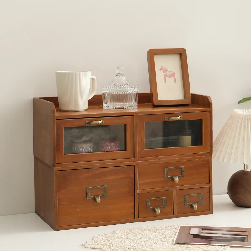 

Vintage solid wood desktop storage cabinet Transparent window drawer storage rack Dustproof cosmetics storage rack