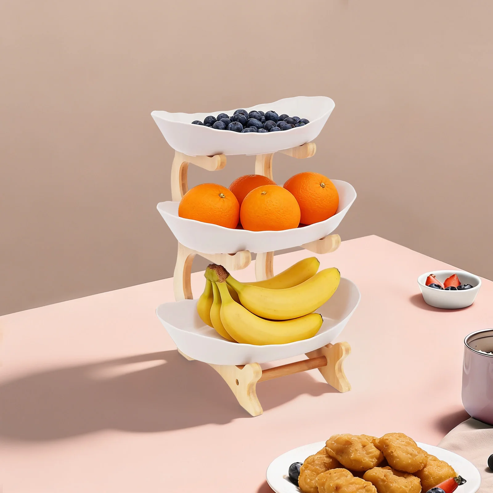 Estante de Almacenamiento de Cocina con Bandeja para Verduras de Tres Niveles, Organizador Apilable de Frutas con Marco de Bambú y PP de Grado Alimenticio para Uso Familiar en Días Festivos