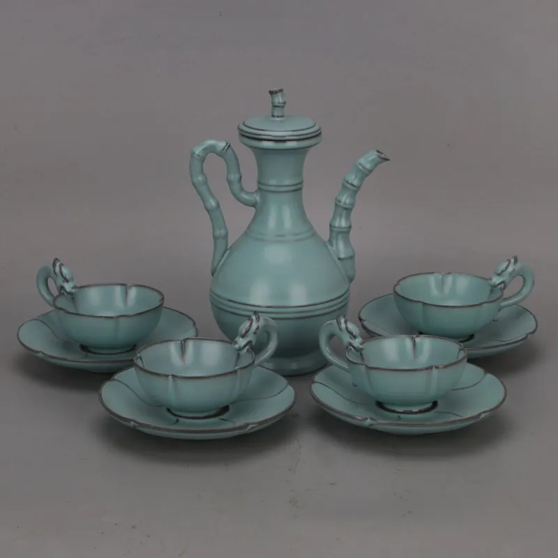 Antique Ru Ware Style Celadon Ceramic Tea Set with Teapot and Cups Chinese Home Decor Collectible