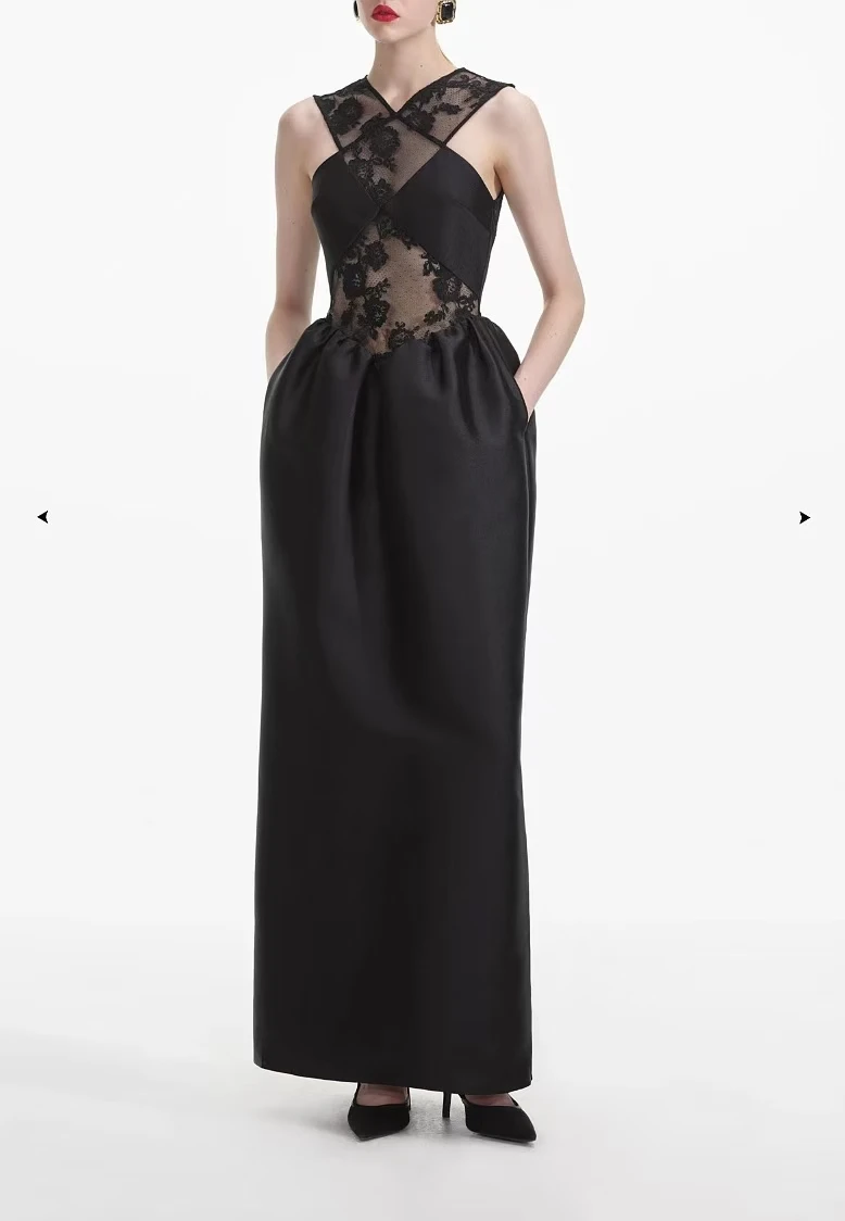 

women Lace patchwork sleeveless dress high waist sexy maxi party dress