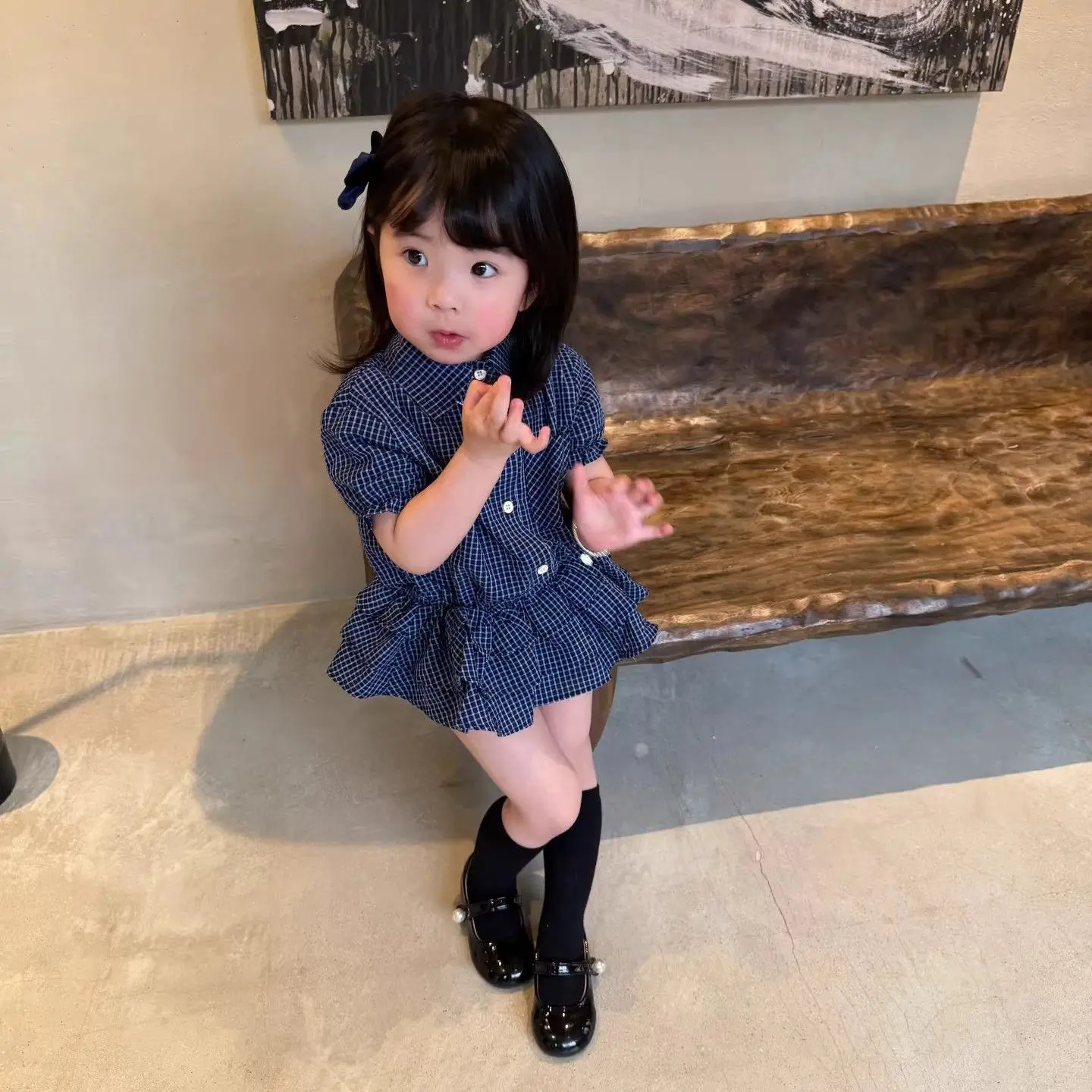 Kids Girls Navy Plaid 2-Piece Set Short Sleeve Button-Up Shirt with Tiered Ruffle Hem +Bloomers Casual Summer Outfit for Toddler