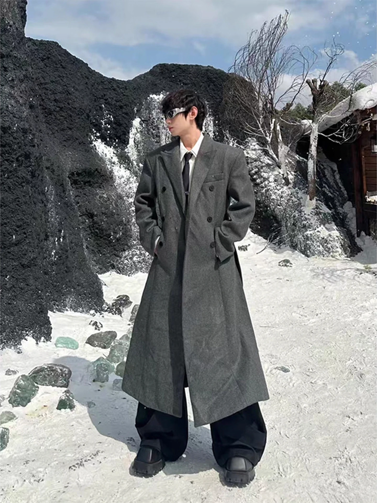 

American Design oulder Pad Woolen Coat Men Winter High Sensation Double Button Long over Knee Warm Windbreaker