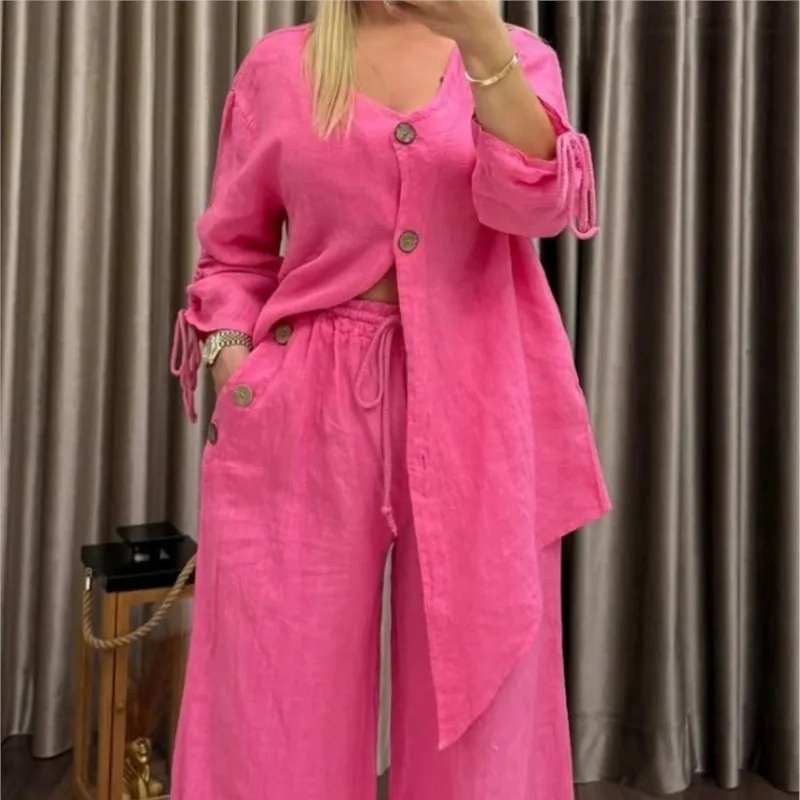 Conjuntos de dos piezas de lino y algodón a la moda para mujer, conjuntos de pantalones informales holgados lisos, cárdigan, pantalones de pierna ancha de cintura alta, conjunto de 2 piezas