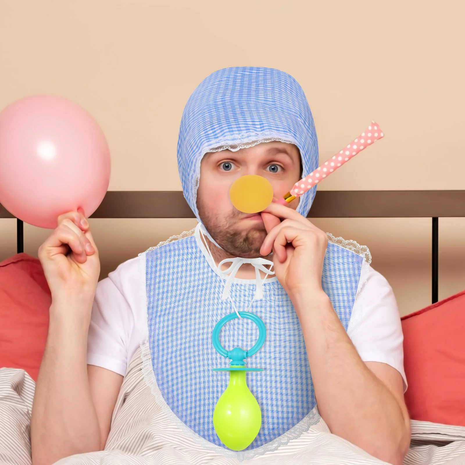 

3Pcs Cosplay Baby Pacifier Bib Hat Set Blue Funny Party Photo Booth Props Adult Baby Costume Bib