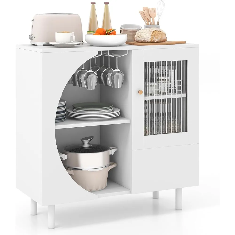 

Buffet Cabinet with Storage, Wooden Kitchen Sideboard w/Glass Holder, 2 Cupboards, Free-Standing Wine Liquor Cabinet, White Con