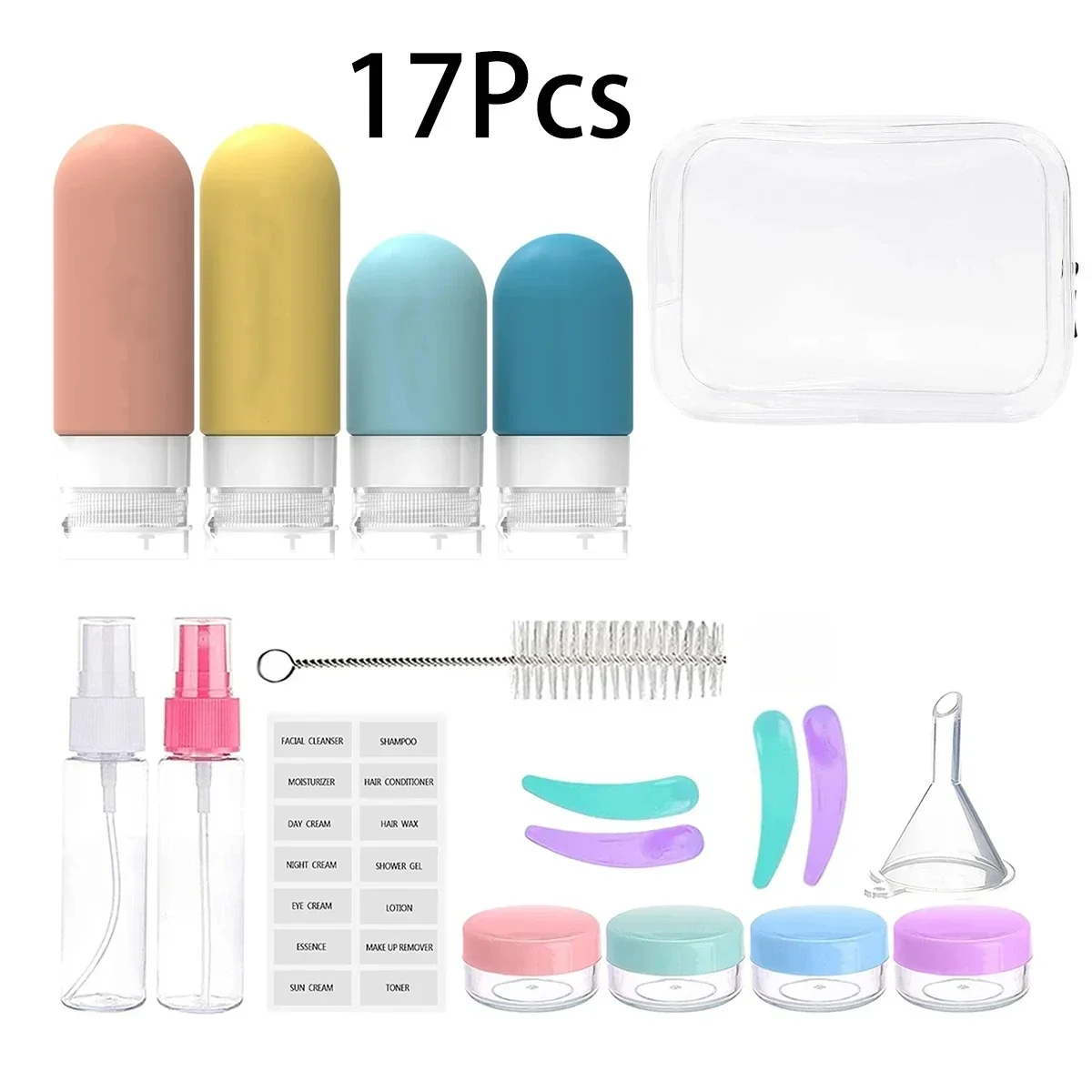 3/17Pcs Silicone Travel Bottles Set with Bag Cosmetic Container Refillable Liquid Cream Lotion Shampoo Squeeze Tube Spray Bottle