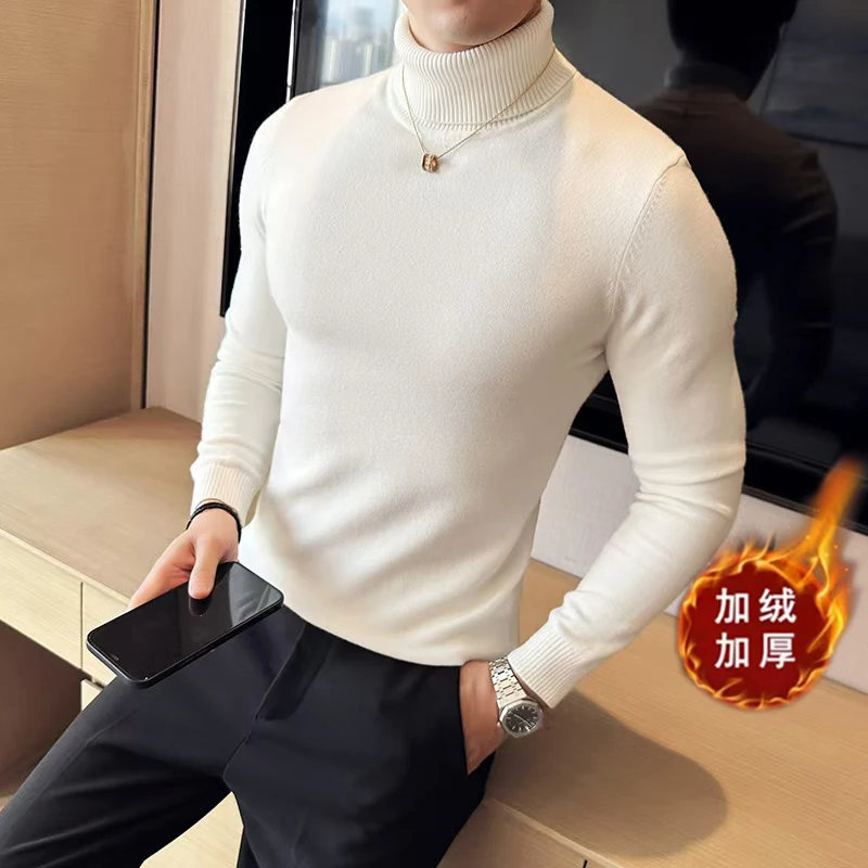 

Осень-зима, новый мужской свитер с воротником, бархатный утолщенный теплый однотонный вязаный пуловер, эластичный облегающий мужской свитер