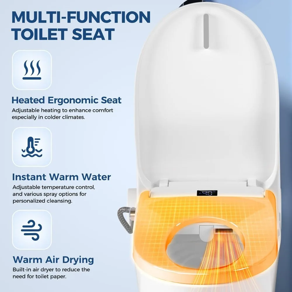 

Smart Heated Bidet Toilet Seat with Warm Water Wash, Dryer, Self-Clean Nozzle & Night Light