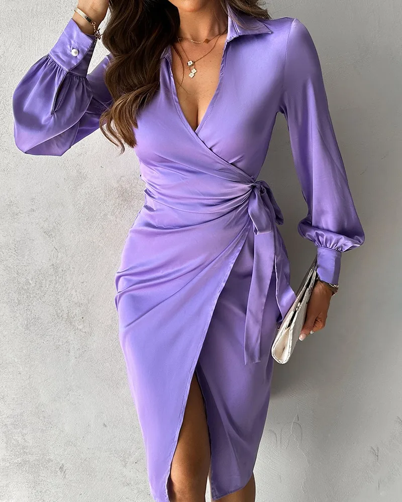 2024 Spring Womens Dresses Fashion Knotted Slit Ruched Satin Long Sleeve Turn-down Collar Casual Temperament Midi Shirt Dress