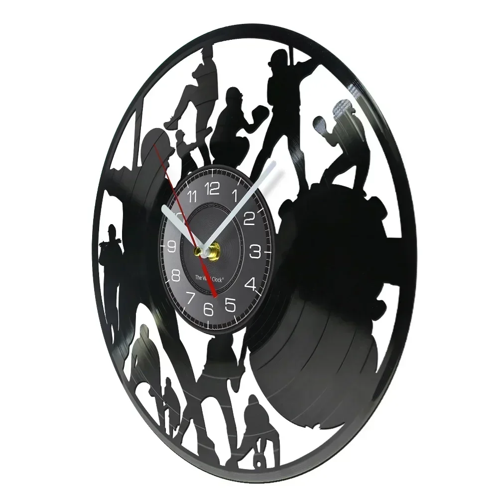 Baseball Player Silhouettes Vinyl Record Wall Clock for Living Room Sports Home Decor Music Album Wall Watch Baseball Lover Gift