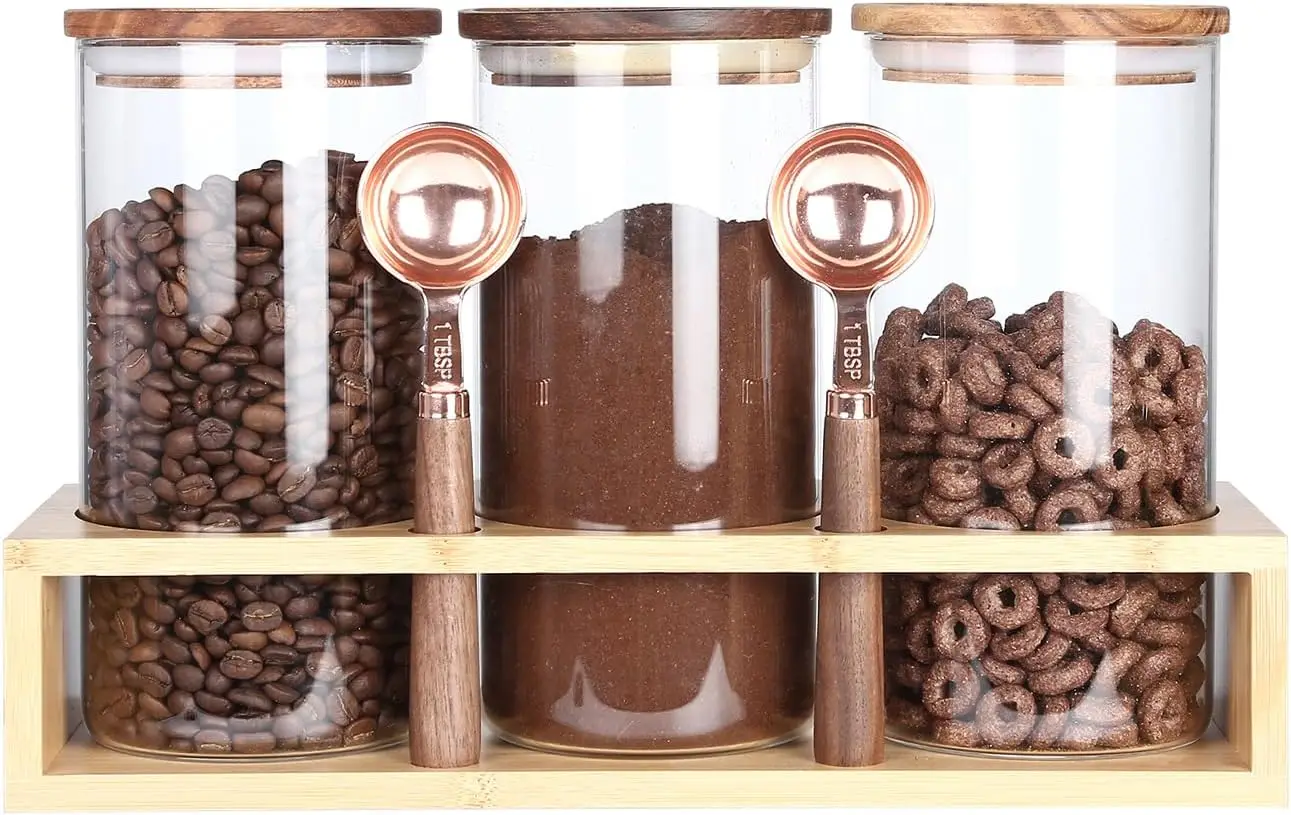 Recipientes Herméticos de Vidrio para Almacenamiento de Alimentos con Tapas de Madera y Cucharas, 39 oz para Café, Té, Azúcar