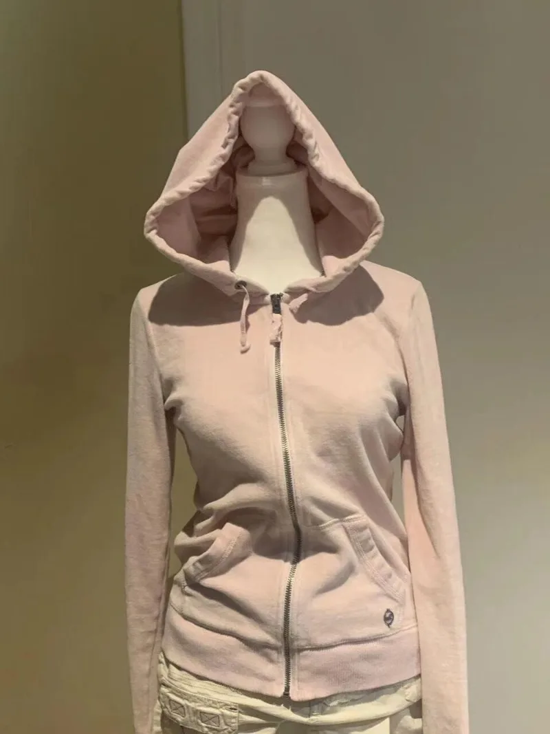 Vintage Original Sports Slimming Pink Cardigan Hood Y2g Gyaru Retro Zip-up Hoodies Outerwear Women 2025 Spring Autumn