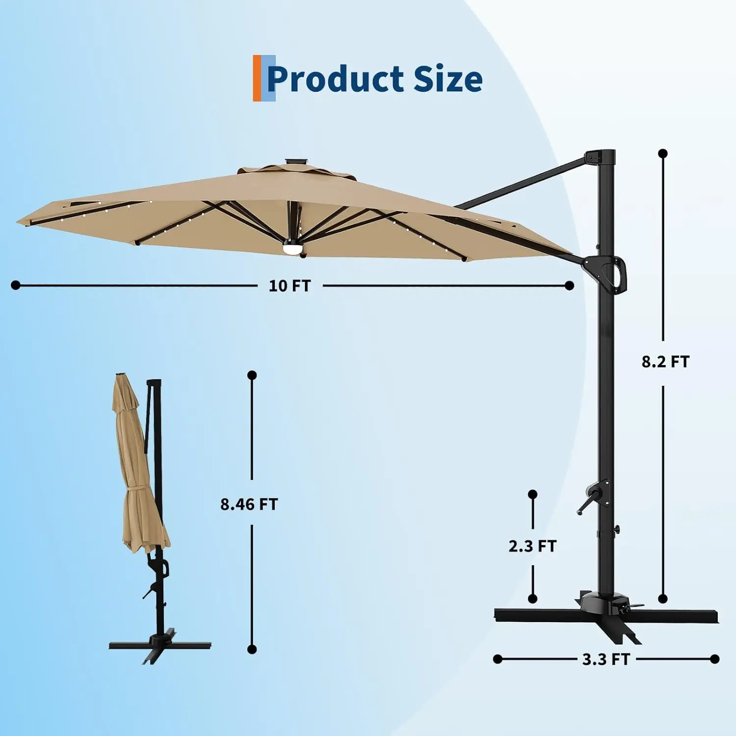 مظلة فناء ناتئ بطول 10 أقدام مع أضواء شمسية تدور 360 درجة سهلة الميل كرنك ضبط حماية من الأشعة فوق البنفسجية للخارجية #4