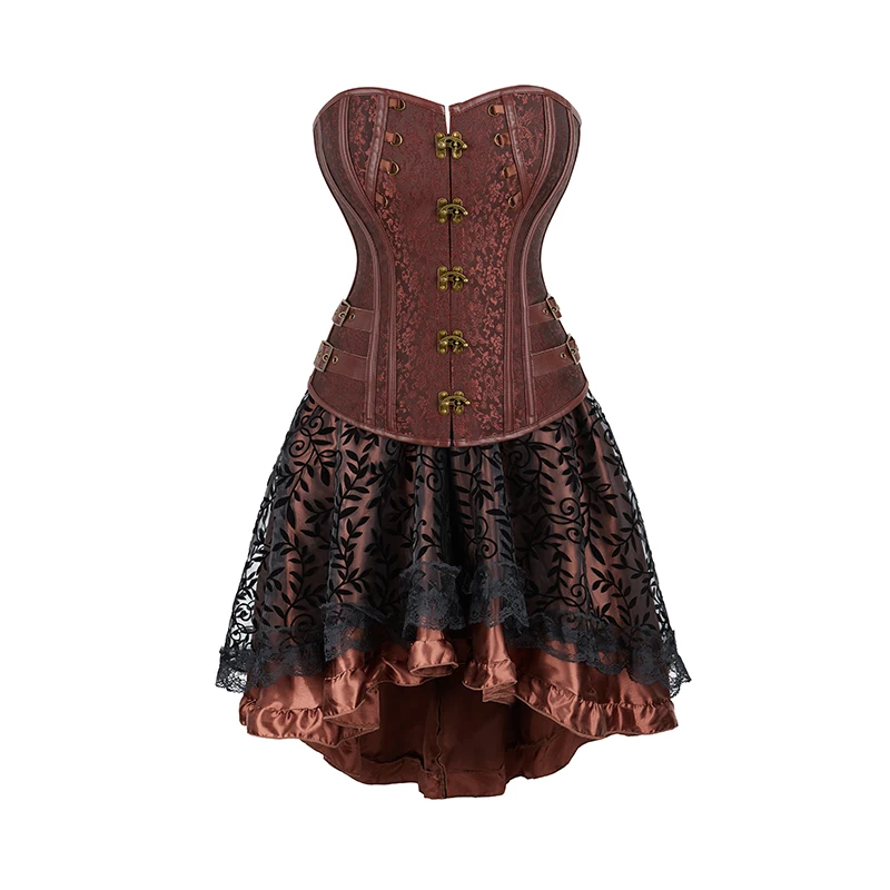 Brown Corset Dress Set Women's Steampunk Gothic Bustier Corset with High Low Skirt