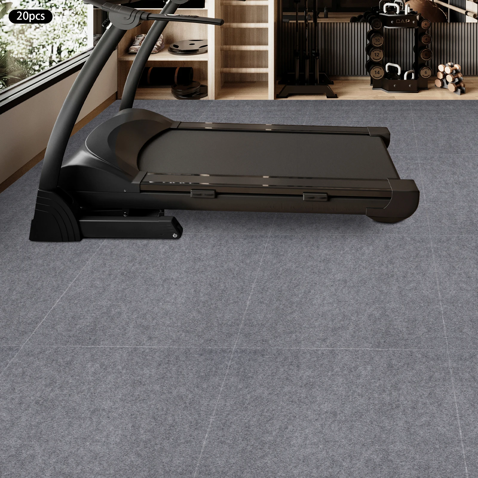 20 stuks 60x60cm polyester vierkant tapijt, lichtgrijs gestreept zelfklevend 4 mm tapijt op de vloer gemonteerd voor restaurants, familiekamers