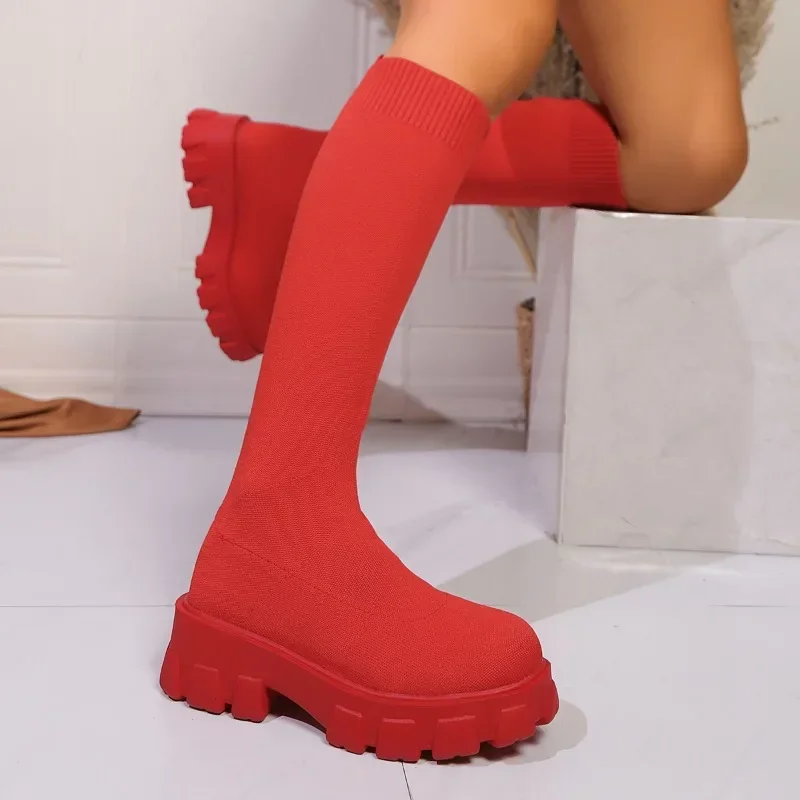 Fashion Women Shoes 2024 Winter  Women's Over-the-knee Boots Casual Stretch Slip-on Mid Heel Shoes Trend Round Platform Boots