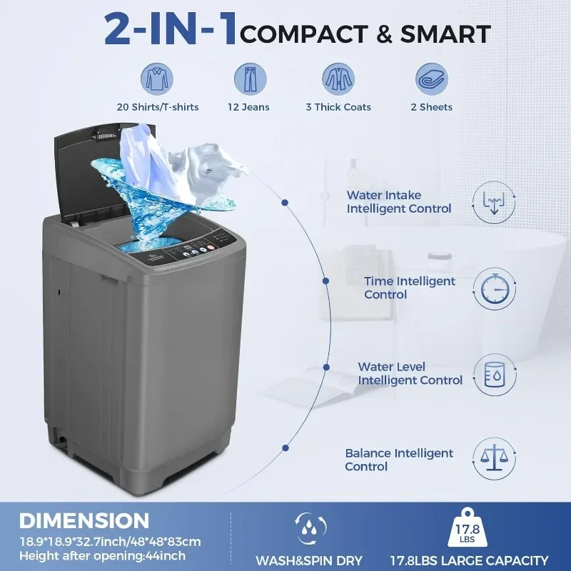 غسالة محمولة، غسالة محمولة بوزن 17.8 رطل، مجموعة غسيل ومجفف مدمجة بطول 2.4 قدم مع مضخة تصريف
