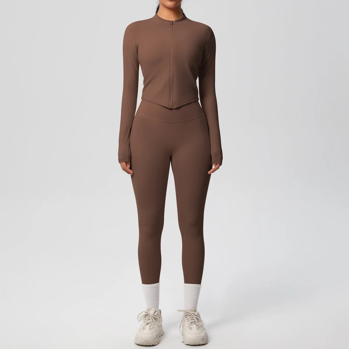 Solid Color Double-Brushed Bare-Skin Feel 2-Piece Set – Long Sleeve Top + Tight Pants for Running, Yoga & Gym