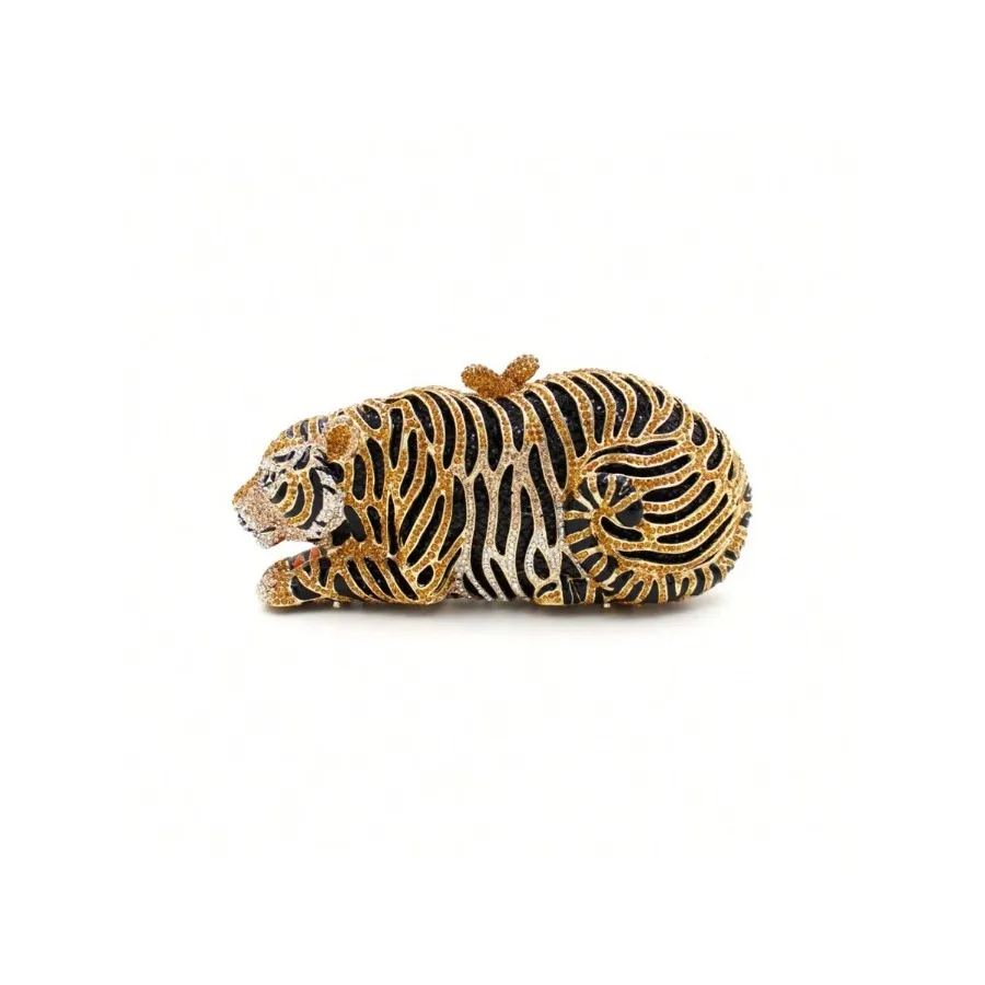Women Cute Tiger Shaped Evening Clutch Sparkling Rhinestones Handbag Prom Party Purse