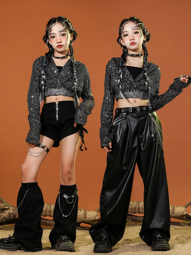 หญิงแจ๊สHip Hop Danceเครื่องแต่งกายเลื่อมHooded Jacketกางเกงหนังเด็กHoodieกางเกงขาสั้นชุดเวทีแฟชั่นแสดงเสื้อผ้า