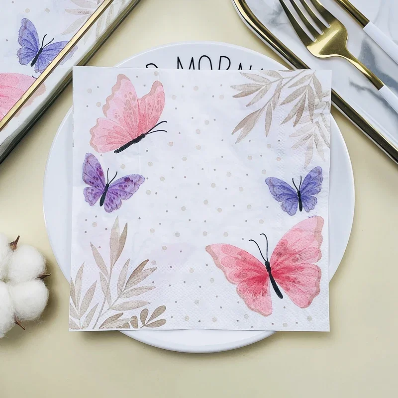 20pcs/Pac 33*33cm 2-Ply Fresh Butterfly Leaf Printed Tissue Paper Party Decoration Paper Wedding Colourful Napkin Placemats